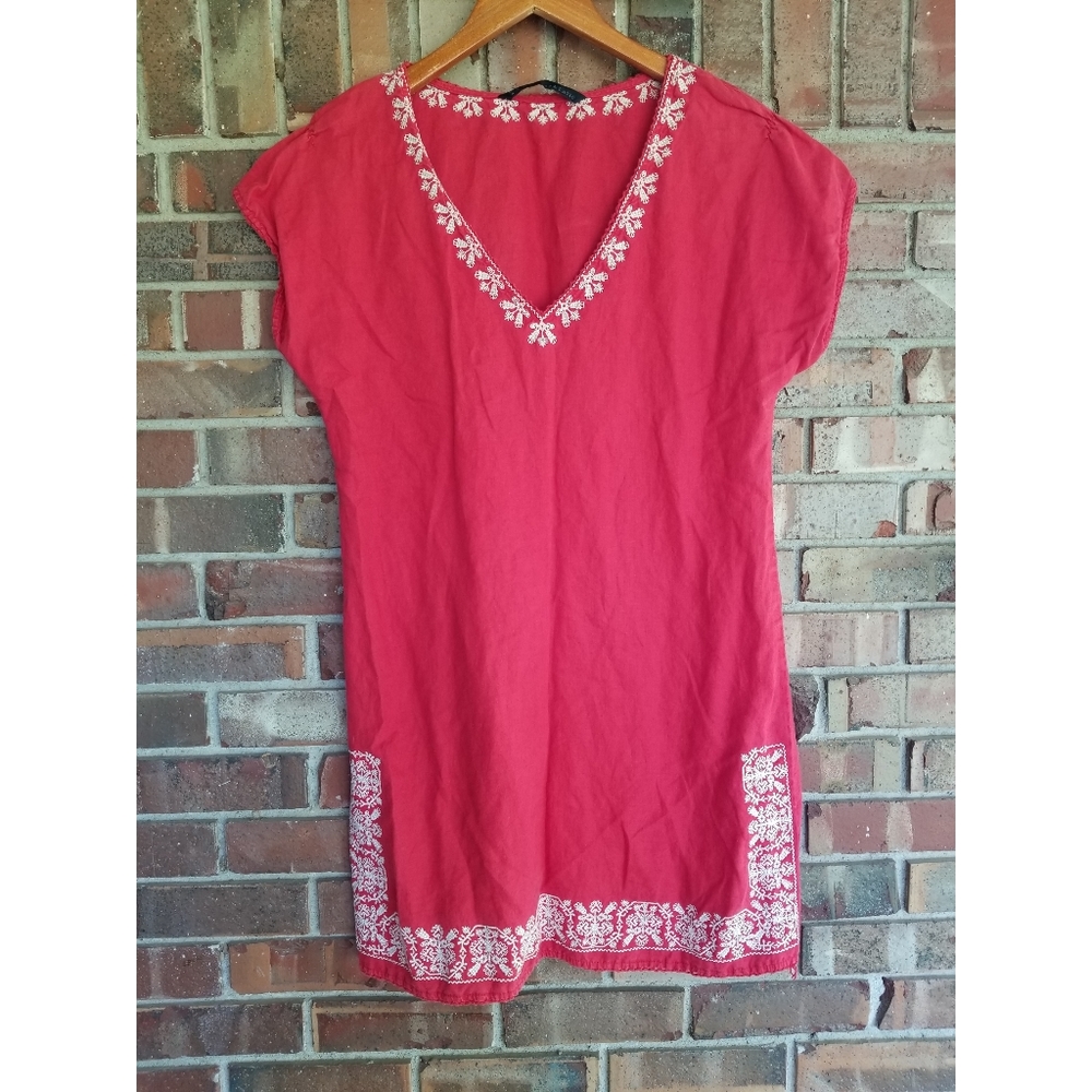 Red linen embroidered dress